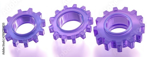 Three translucent purple cog rings on a glossy white surface with glowing reflections, sleek modern look suggesting motion and futuristic precision