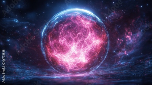 glass-like sphere of swirling pink plasma and electric filaments on a reflective alien surface under a starfield, evoking mysterious cosmic power