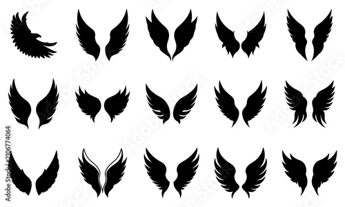 Premium Angel Wings Silhouette Vector Collection – 15 Unique Black Feather Wing Icons for Logo Design, Tattoo, Heraldic Emblems, Apparel, Fantasy, Spiritual Branding, and Decorative Graphics