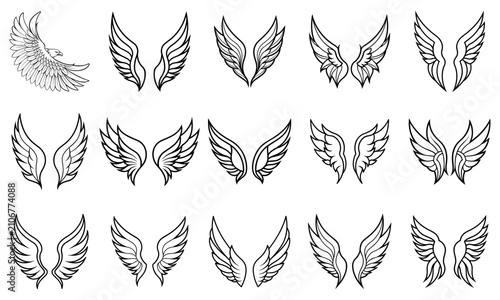 Elegant Angel Wings Outline Vector Collection – 15 Unique Feather Wing Line Art Icons for Logo Design, Tattoo, Heraldic Emblems, Fantasy, Spiritual Branding, Apparel, and Decorative Graphics