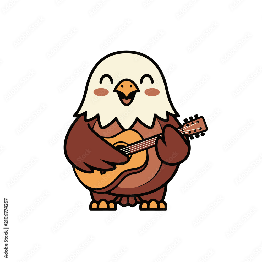 Fototapeta premium Cute cartoon bald eagle playing a small acoustic guitar with a happy expression.