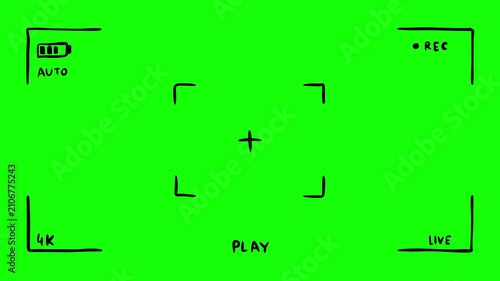 Hand drawn camera viewfinder interface overlay with record indicator, battery status, framing marks and live text on green screen chroma key background. 