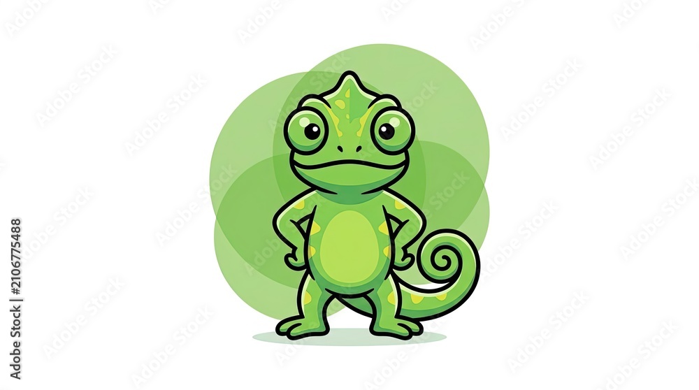 Fototapeta premium Green cartoon chameleon mascot on white background