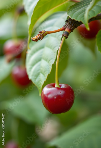 Ripe red cherry hanging fro...