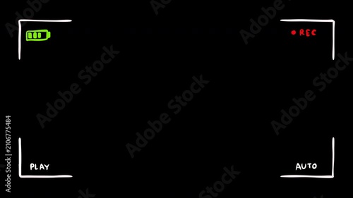 Hand drawn camera viewfinder overlay featuring bright green battery icon and red recording REC indicator on black background. Sketched video HUD layout suitable for content creators, vloggers