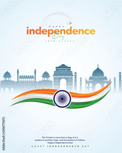 Clean patriotic poster celebrating India's 80th Independence Day with Ashoka Chakra, tricolor ribbon, and iconic monument skyline.