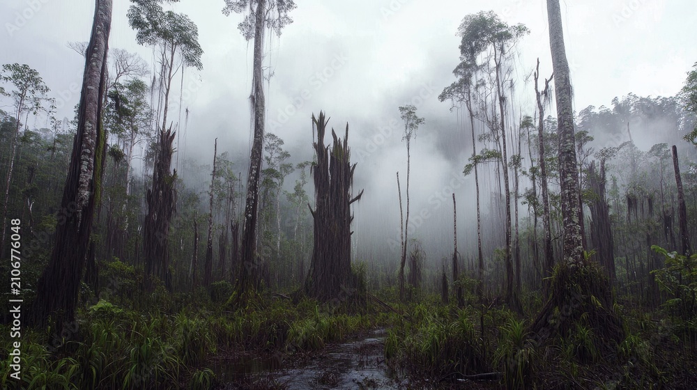 Fototapeta premium Misty tropical rainforest landscape with tall trees and dense foliage during a downpour