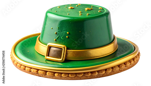 Green leprechaun hat cookie with gold band and sprinkles on top