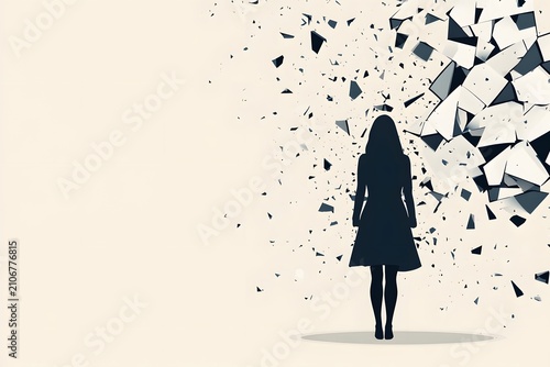 Silhouette of a woman standing amidst fragmented shapes and shards, symbolizing transformation and breaking free from constraints in a minimalist artistic representation