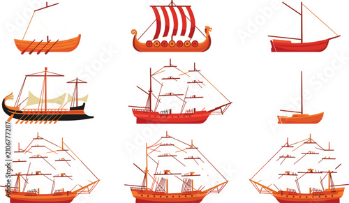 Fotografía Historical Ships and Wooden Sailing Vessels Vector Set Featuring Viking Longship