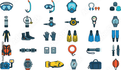 Foto Scuba Diving and Snorkeling Equipment Vector Icon Set Featuring Underwater Masks