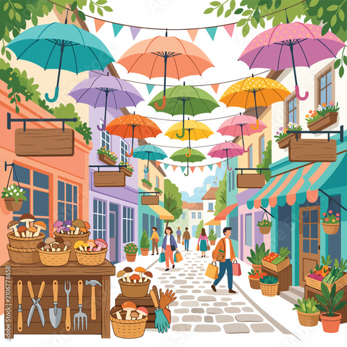 Colorful tropical village street with market stalls and umbrellas.