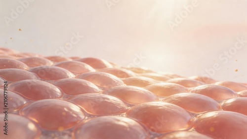 3D render of healthy skin cells under glowing warm sunlight, representing cell regeneration, collagen booster and anti-aging skincare concept