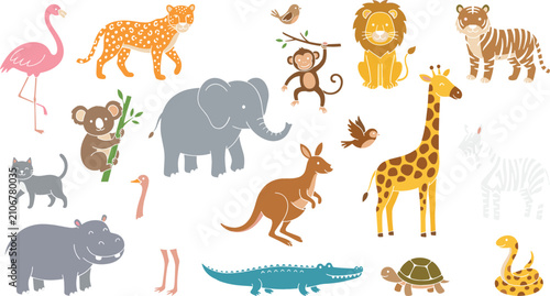 Photography Cute wildlife animal vector collection with safari elephant giraffe kangaroo koa