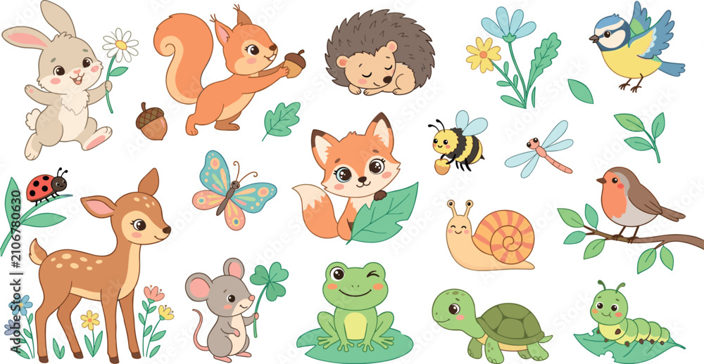 Obraz premium Cute Cartoon Woodland and Garden Animals Vector Set with Happy Fox, Deer, Squirrel, Birds, and Insects for Children Books, Nursery Wallpaper, and Sticker Graphic Designs