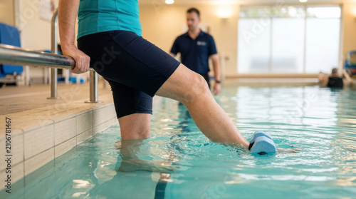 Severe knee pain relief concept. A person exercising in a pool with a trainer observing in the background.