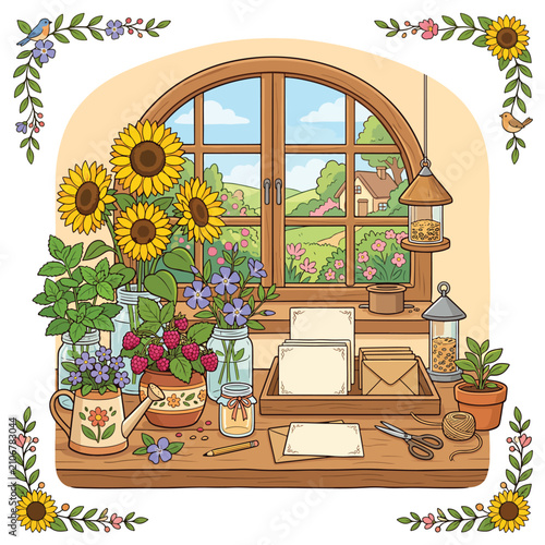 Cozy vintage kitchen scene with floral decor and plants.