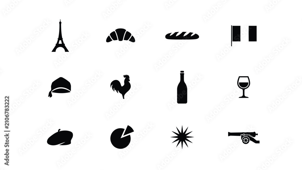 Obraz premium Minimalist icon set featuring cultural symbols and culinary elements in black silhouettes with monochromatic collection twelve distinct icons representing landmarks