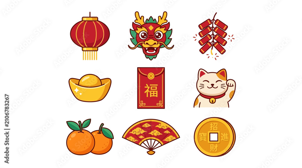 Fototapeta premium Chinese New Year Icons: Lantern, Dragon, Lucky Cat, Red Envelope, Oranges