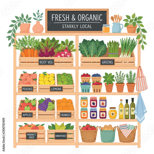 Fresh organic vegetables and fruits grocery store display.