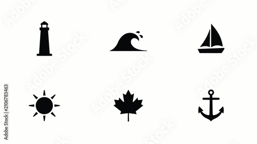 Canvas Print Minimalist black and white coastal travel symbol set with lighthouse wave sailin