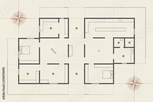 A minimalist architectural floor plan layout featuring bedrooms, a kitchen, and bathrooms with a compass rose symbol on a light beige background