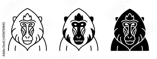 Canvas Print 3 Baboon Icons Outline Solid Silhouette, for Wildlife and Animal Themes