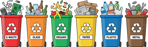Konstfotografi Colorful Waste Segregation Recycling Bins Vector Set with E-Waste, Glass, Organi