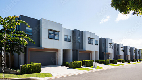 Quadro su tela Modern row of contemporary townhouses with garages on a residential street under