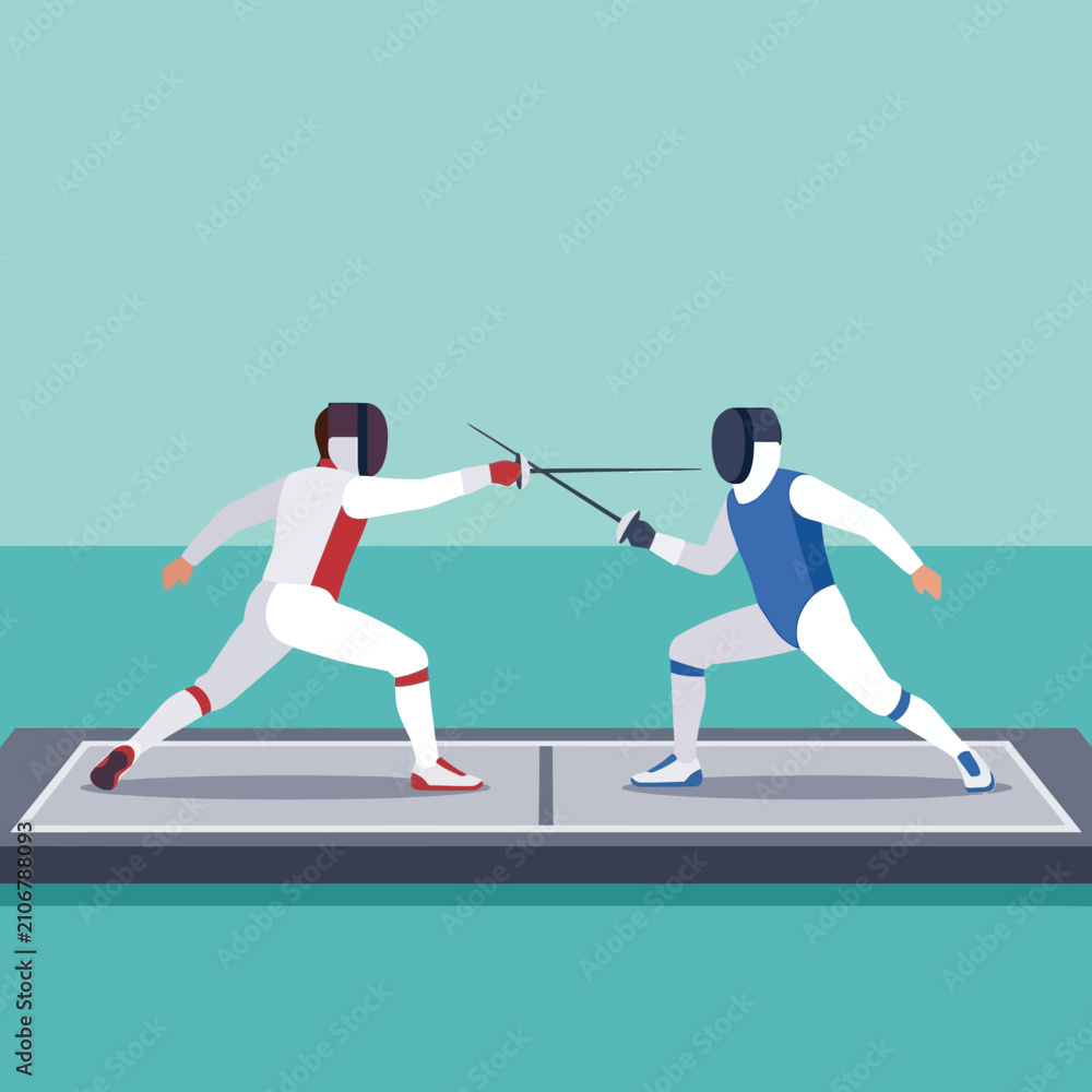 Obraz premium Flat vector illustration of two faceless fencers in white uniforms with red and blue accents engaged in a competitive duel on a grey piste against a minimalist teal background.