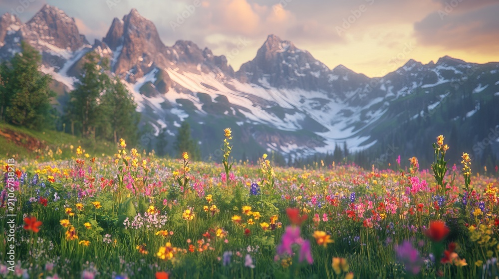 Fototapeta premium Peaceful alpine meadow filled with colorful wildflowers in front of snow-capped mountains at sunrise