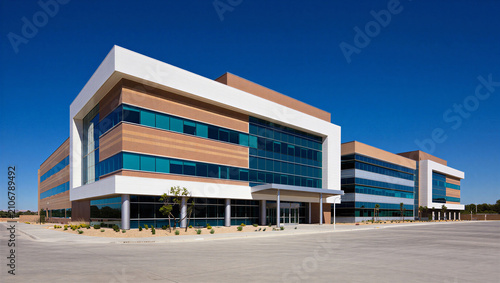 Фотография Modern corporate office building exterior with blue glass panels real estate bus
