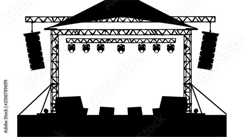 Foto Minimal black silhouette of a festival stage with lighting rig and speakers