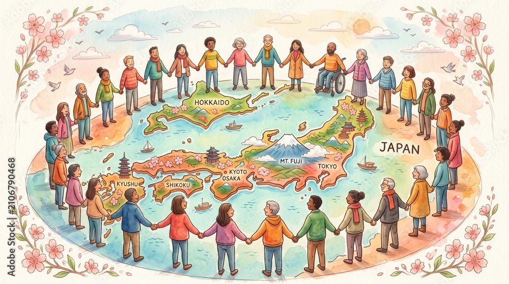 Obraz premium Diverse Group of People Holding Hands Around Map of Japan Including Cities Like Tokyo and Kyoto With Mount Fuji Cherry Blossoms and Boats