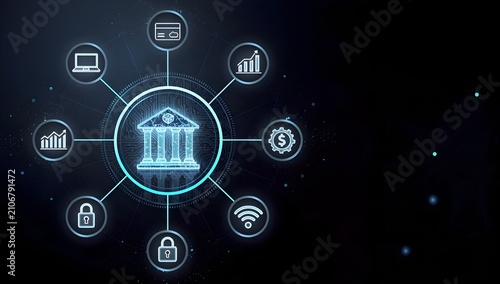 Digital banking security network with financial technology icons, secure online finance concept, protected transactions and advanced fintech infrastructure background
