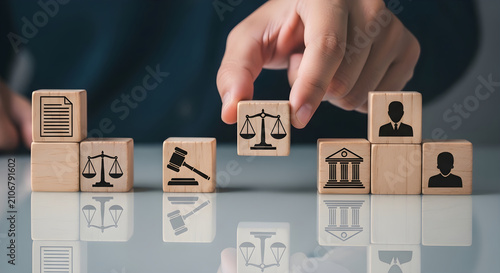Conceptual Representation of Legal Justice and Corporate Governance Handpicked Using Wooden Blocks with Professional Law Icons