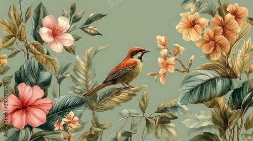 small red-capped songbird perched on a leafy tropical branch among pink and peach hibiscus blossoms and lush green foliage, serene peaceful botanical scene