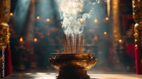Burning incense sticks in an ornate golden censer with curling smoke, set on an altar inside a dim temple lit by warm candles and soft beams of light, evoking calm reverence