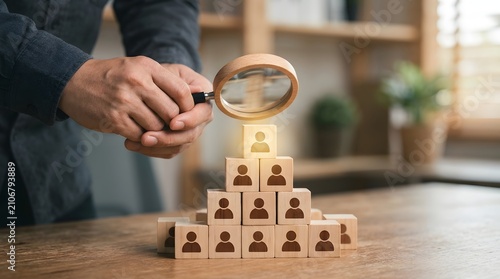 Hr technology talent acquisition analysis with magnifying glass over wooden people stack