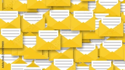 email Many sign - 2D Transition animation background. Animated video of yellow open envelopes pop-up.