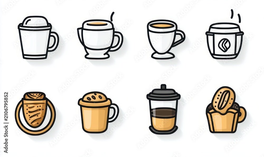 Obraz premium Playful coffee and pastry icon set showing takeaway cups, steaming mugs, French press, frothy cup, croissant and muffin conveying a cozy warm morning vibe