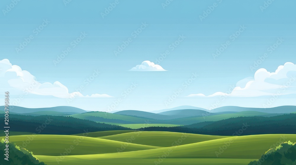 Fototapeta premium tranquil sunlit rolling green hills with forested ridges and distant blue mountains under a bright sky with fluffy clouds