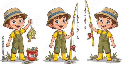 Fotografie Cute fisherman boy cartoon character vector set holding fishing rod caught fish