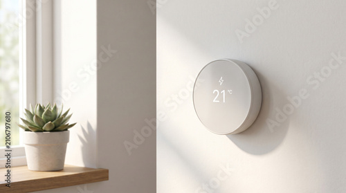 Modern smart thermostat on white wall next to window with decorative green plant in pot