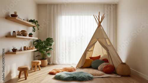 Cuadro en lienzo Cozy boho nursery with teepee and potted plants interior playroom children lifes