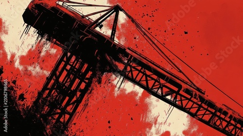 Ominous tower crane silhouette with steel lattice, cables and counterweight stretching into a splattered red and white sky, dramatic menacing industrial scene