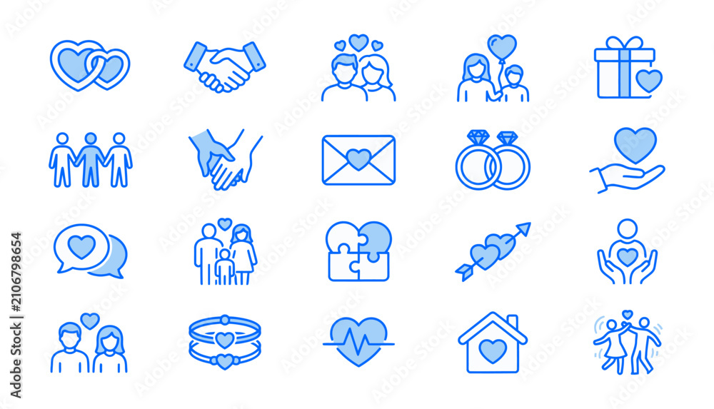 Fototapeta premium Collection of blue line representing love, romance, family, relationships, and wedding symbols on a white background, set