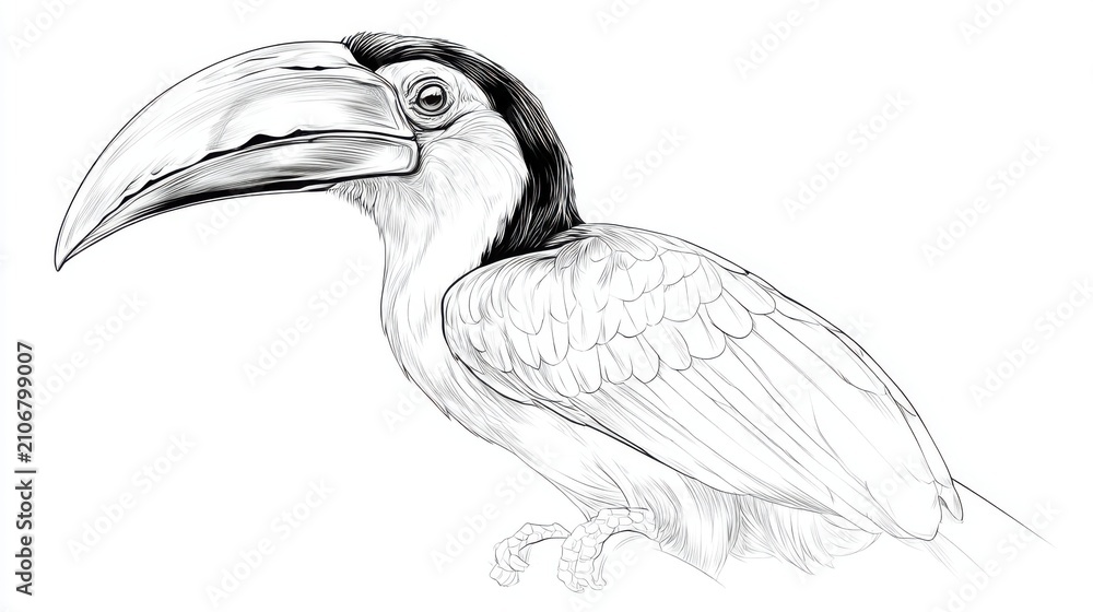 Naklejka premium Detailed Black and White Sketch of a Toucan Bird in Profile View