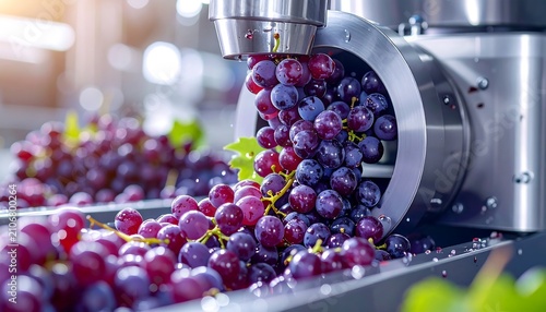 Industrial processing of fresh grapes on a conveyor belt in a modern facility.