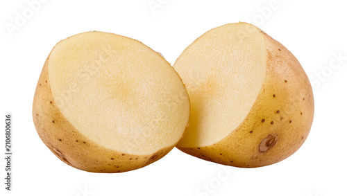 Fényképezés Isolated two halves of fresh raw organic potato showing healthy starchy interior